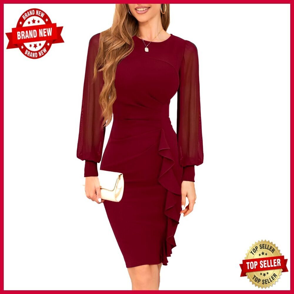 Sheer Sleeve Ruched Bodycon Dress Elegant Cocktail Party Work Wear